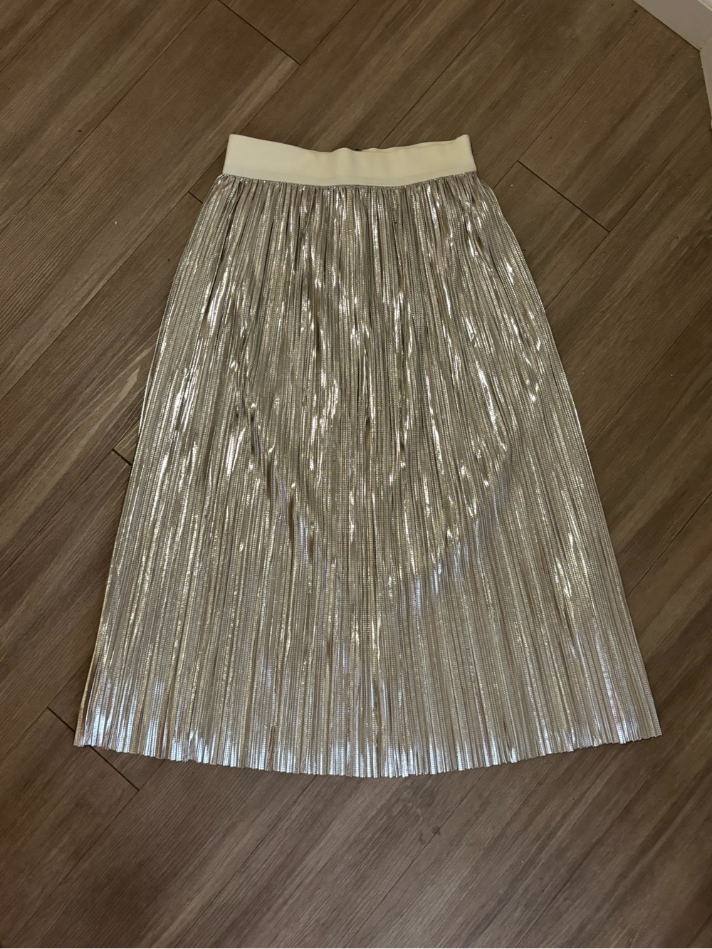 Size 4 Alice + Olivia Silver Metallic Pleated Midi Skirt w/ Cream Waistband NWOT